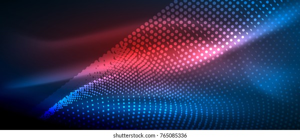 Glowing abstract wave on dark, shiny motion, magic space light. Vector techno abstract background, blue and red colors