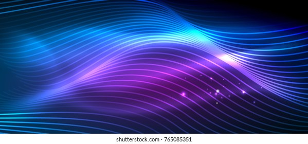 Glowing abstract wave on dark, shiny motion, magic space light. Vector techno abstract background. Blue and purple colors