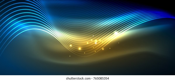 Ola abstracta brillante en movimiento oscuro y brillante, luz espacial mágica. Fondo abstracto vectorial techno, colores azul y amarillo