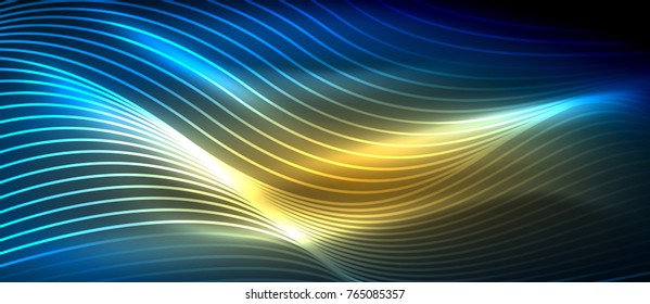 Glowing abstract wave on dark, shiny motion, magic space light. Vector techno abstract background, blue and yellow colors