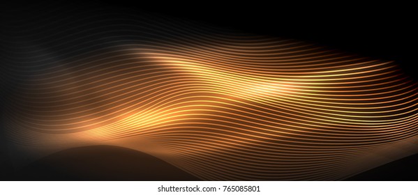Glowing abstract wave on dark, shiny motion, magic space light. Vector techno abstract background, orange color