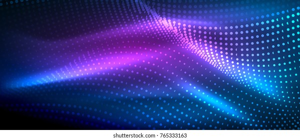 Glowing abstract wave on dark, shiny motion, magic space light. Vector techno abstract background. Blue and purple colors