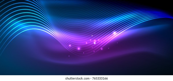 Glowing abstract wave on dark, shiny motion, magic space light. Vector techno abstract background. Blue and purple colors