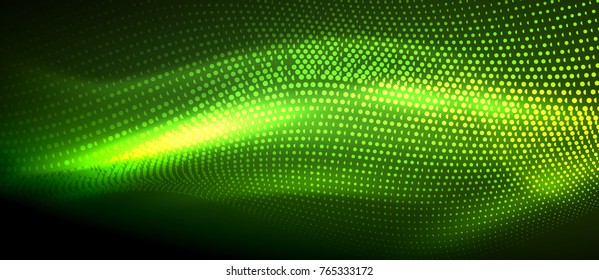 Glowing abstract wave on dark, shiny motion, magic space light. Vector techno abstract background, green color