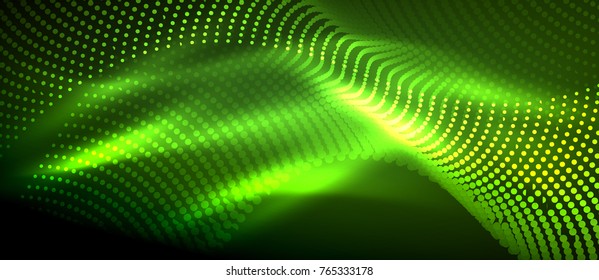 Glowing abstract wave on dark, shiny motion, magic space light. Vector techno abstract background, green color