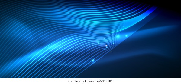 Glowing abstract wave on dark, shiny motion, magic space light. Vector techno abstract background, blue color