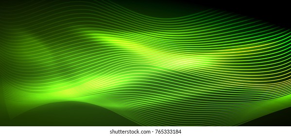 Glowing abstract wave on dark, shiny motion, magic space light. Vector techno abstract background, green color