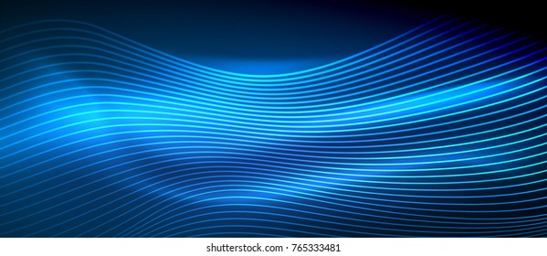 Glowing abstract wave on dark, shiny motion, magic space light. Vector techno abstract background, blue color