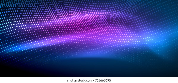 Glowing abstract wave on dark, shiny motion, magic space light. Vector techno abstract background. Blue and purple colors