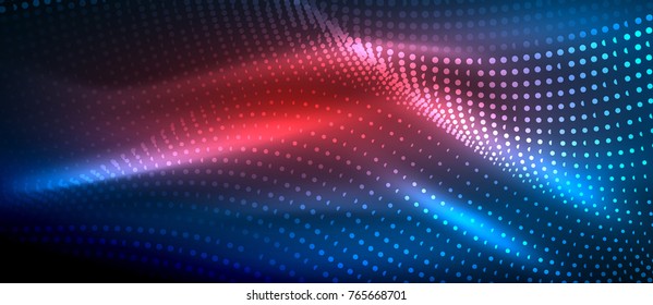 Glowing abstract wave on dark, shiny motion, magic space light. Vector techno abstract background, blue and red colors