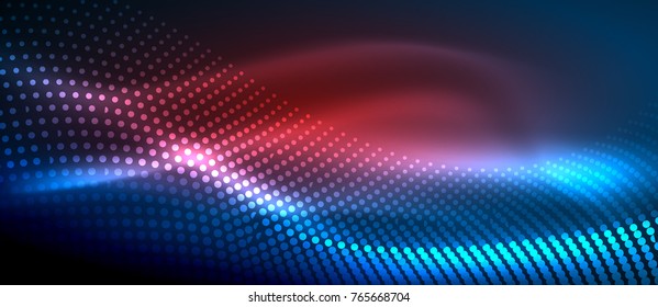 Ola abstracta brillante en movimiento oscuro y brillante, luz espacial mágica. Fondo abstracto vectorial techno, colores azul y rojo