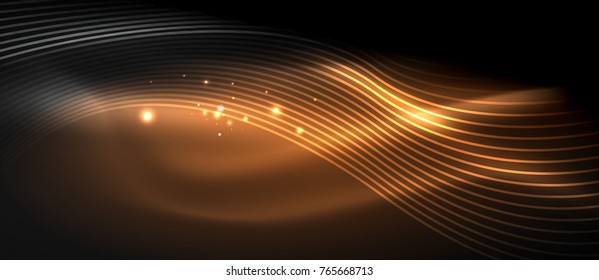 Glowing abstract wave on dark, shiny motion, magic space light. Vector techno abstract background, orange color