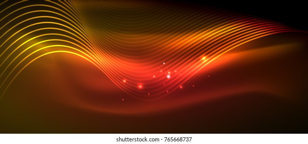 Glowing abstract wave on dark, shiny motion, magic space light. Vector techno abstract background, red and orange colors