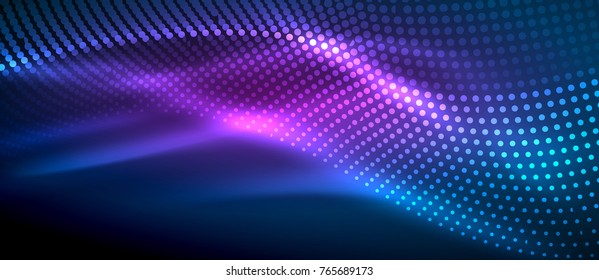 Glowing abstract wave on dark, shiny motion, magic space light. Vector techno abstract background. Blue and purple colors