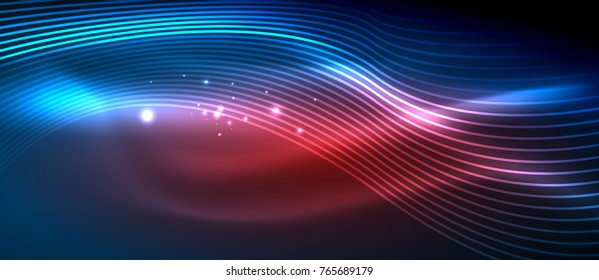 Glowing abstract wave on dark, shiny motion, magic space light. Vector techno abstract background, blue and red colors