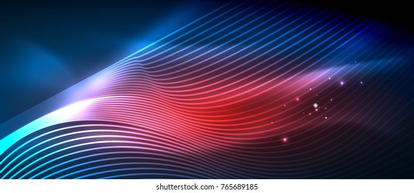 Glowing abstract wave on dark, shiny motion, magic space light. Vector techno abstract background, blue and red colors