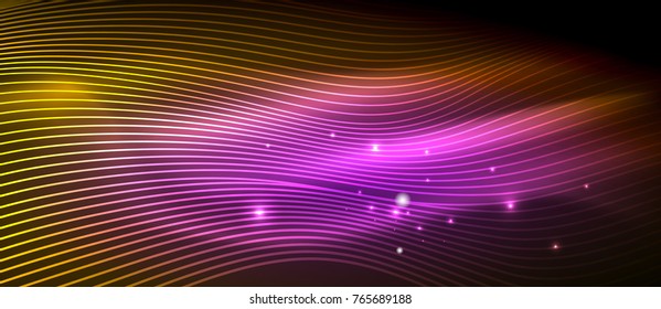 Glowing abstract wave on dark, shiny motion, magic space light. Vector techno abstract background