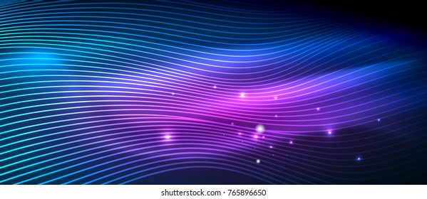 Glowing abstract wave on dark, shiny motion, magic space light. Vector techno abstract background. Blue and purple colors