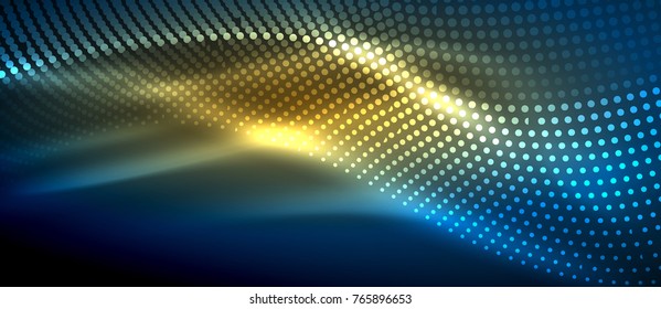 Glühende abstrakte Welle auf dunkler, glänzender Bewegung, zauberhaftes Raumlicht. Abstrakter Vektor-Techno-Hintergrund, blaue und gelbe Farben
