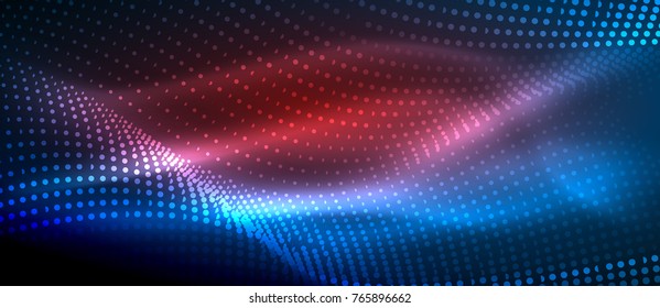Ola abstracta brillante en movimiento oscuro y brillante, luz espacial mágica. Fondo abstracto vectorial techno, colores azul y rojo