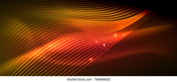Glowing abstract wave on dark, shiny motion, magic space light. Vector techno abstract background, red and orange colors