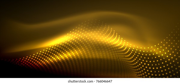 Onda abstrata brilhante no escuro, movimento brilhante, luz do espaço mágico. Vetor techno fundo abstrato, cor amarela