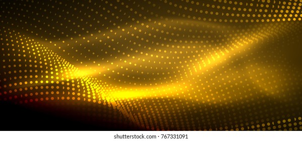 Glowing abstract wave on dark, shiny motion, magic space light. Vector techno abstract background, yellow color
