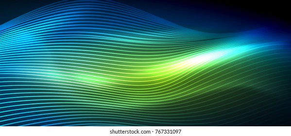 Glowing abstract wave on dark, shiny motion, magic space light. Vector techno abstract background, green and blue colors