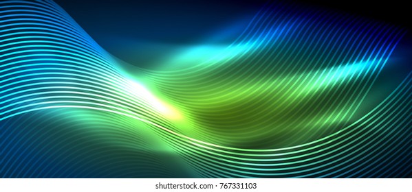 Glowing abstract wave on dark, shiny motion, magic space light. Vector techno abstract background, green and blue colors