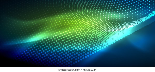 Glowing abstract wave on dark, shiny motion, magic space light. Vector techno abstract background, green and blue colors