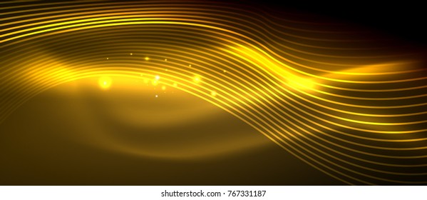 Ola abstracta brillante en movimiento oscuro y brillante, luz espacial mágica. Fondo abstracto vectorial techno, color amarillo