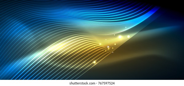 Glowing abstract wave on dark, shiny motion, magic space light. Vector techno abstract background, blue and yellow colors