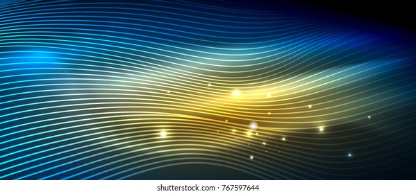 Glowing abstract wave on dark, shiny motion, magic space light. Vector techno abstract background, blue and yellow colors