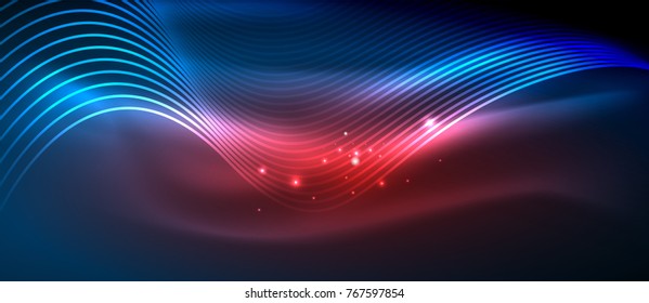 Glowing abstract wave on dark, shiny motion, magic space light. Vector techno abstract background, blue and red colors