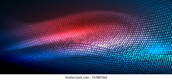 Ola abstracta brillante en movimiento oscuro y brillante, luz espacial mágica. Fondo abstracto vectorial techno, colores azul y rojo