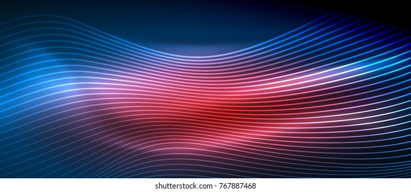 Glowing abstract wave on dark, shiny motion, magic space light. Vector techno abstract background, blue and red colors