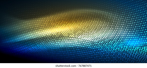 Glowing abstract wave on dark, shiny motion, magic space light. Vector techno abstract background, blue and yellow colors