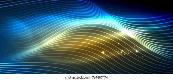Glowing abstract wave on dark, shiny motion, magic space light. Vector techno abstract background, blue and yellow colors