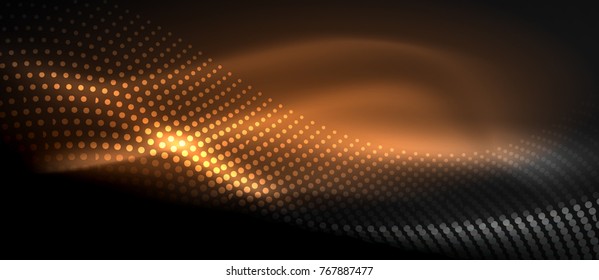 Ola abstracta brillante en movimiento oscuro y brillante, luz espacial mágica. Fondo abstracto vectorial techno, color naranja