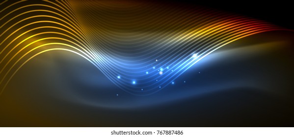 Glowing abstract wave on dark, shiny motion, magic space light. Vector techno abstract background