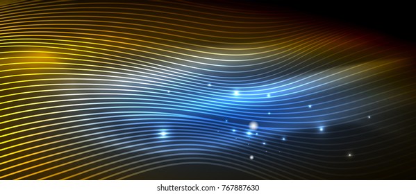 Glowing abstract wave on dark, shiny motion, magic space light. Vector techno abstract background
