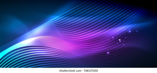 Glowing abstract wave on dark, shiny motion, magic space light. Vector techno abstract background. Blue and purple colors