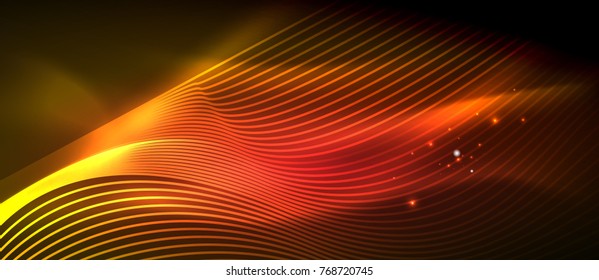 Glowing abstract wave on dark, shiny motion, magic space light. Vector techno abstract background, red and orange colors