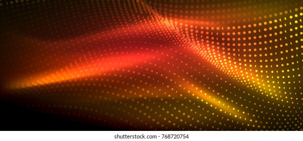 Glowing abstract wave on dark, shiny motion, magic space light. Vector techno abstract background, red and orange colors