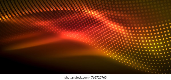 Ola abstracta brillante en movimiento oscuro y brillante, luz espacial mágica. Fondo abstracto vectorial techno, colores rojo y naranja