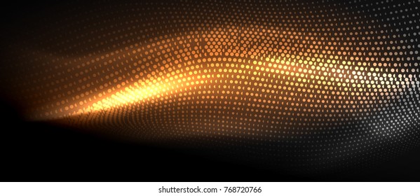 Ola abstracta brillante en movimiento oscuro y brillante, luz espacial mágica. Fondo abstracto vectorial techno, color naranja