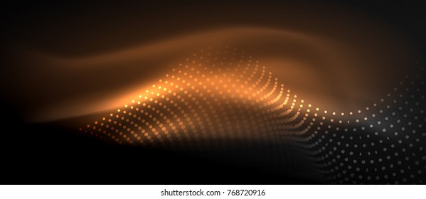 Ola abstracta brillante en movimiento oscuro y brillante, luz espacial mágica. Fondo abstracto vectorial techno, color naranja