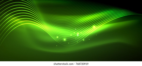 Glowing abstract wave on dark, shiny motion, magic space light. Vector techno abstract background, green color