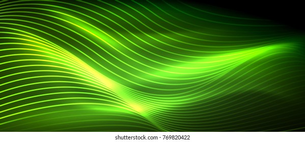 Glowing abstract wave on dark, shiny motion, magic space light. Vector techno abstract background, green color