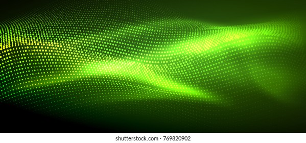 Ola abstracta brillante en movimiento oscuro y brillante, luz espacial mágica. Fondo abstracto vectorial techno, color verde